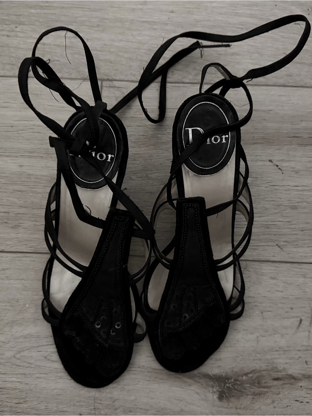 Dior by John Galliano SS02 Black Strappy Pom Pom heels with lace up straps